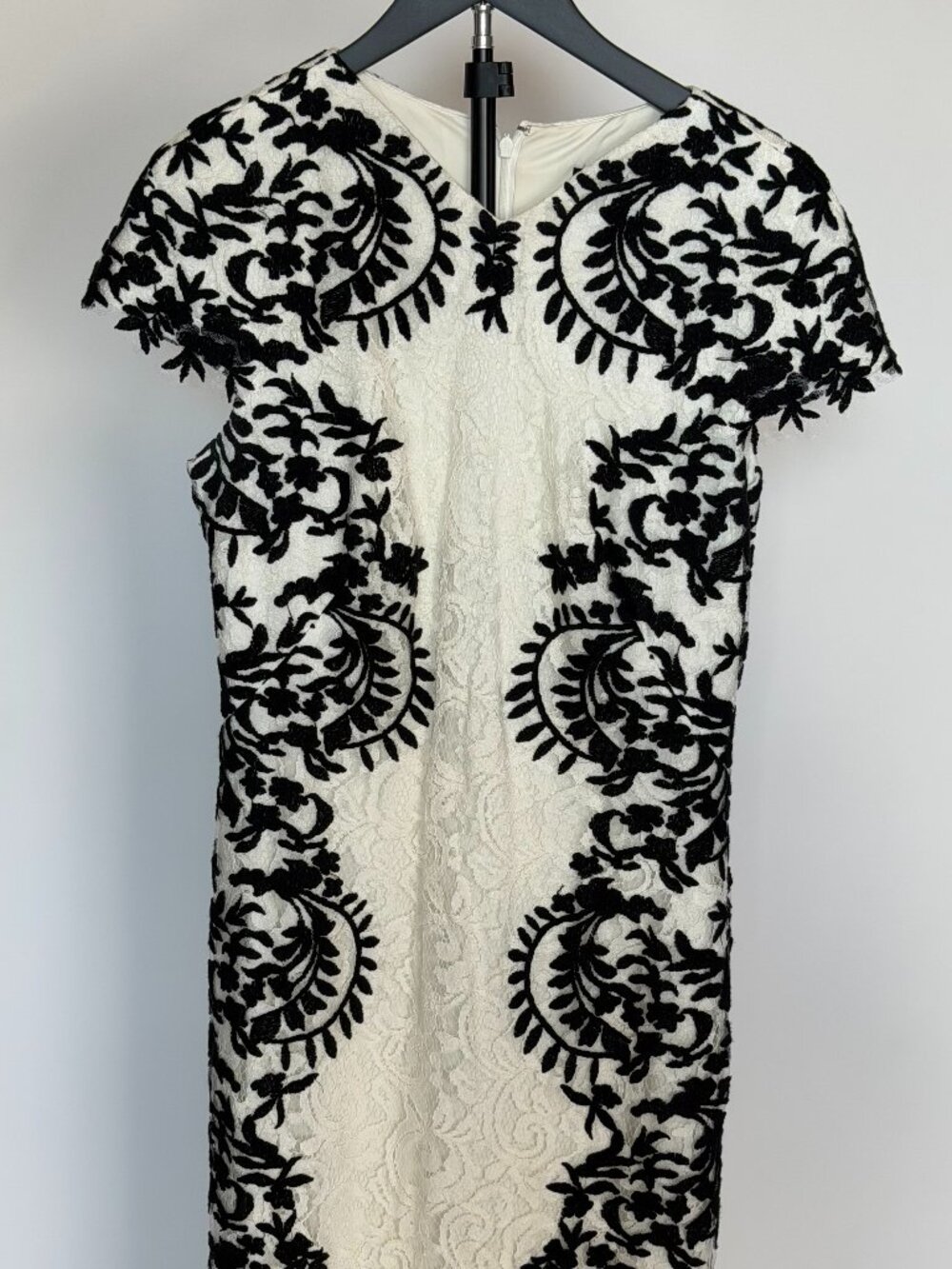 Black & White Embroidered Lace Sheath Midi Dress